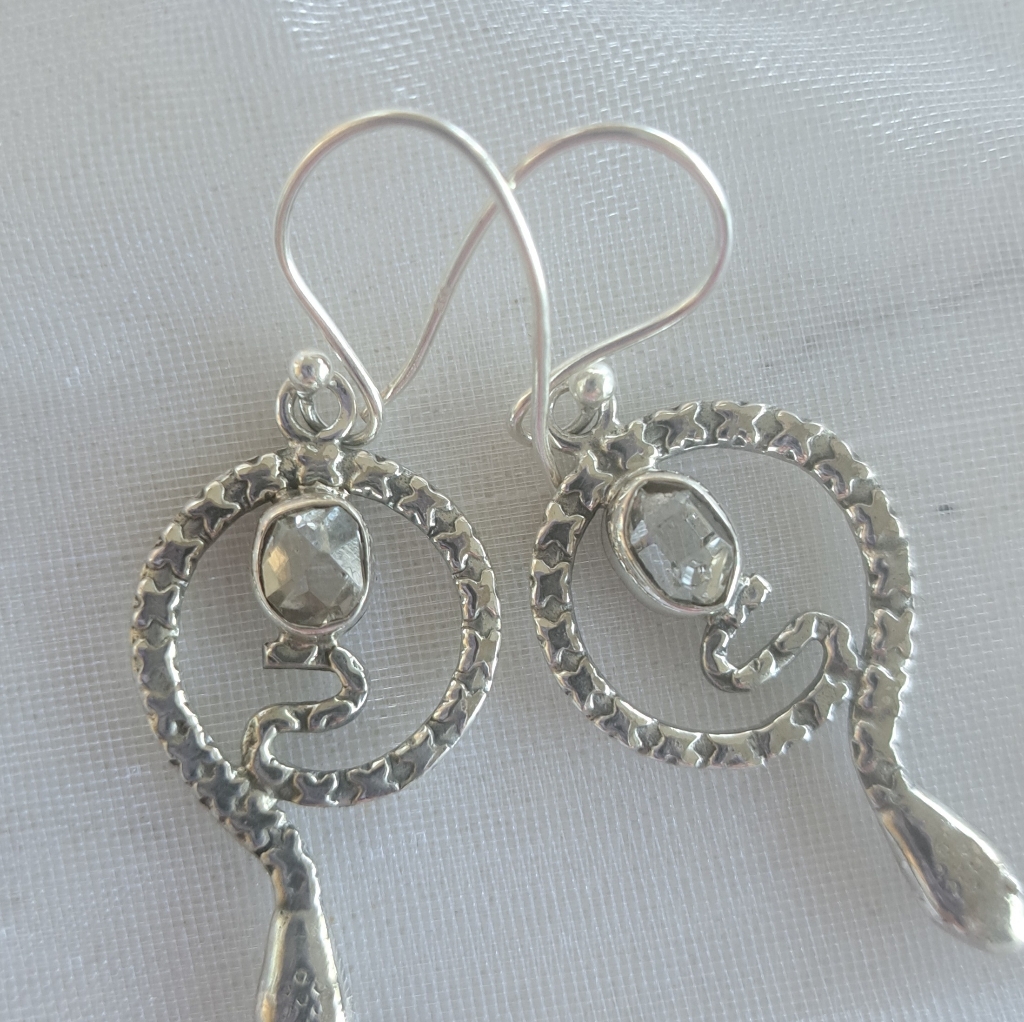 Sale Gem Snake Earrings With Quartz Gemstone, Artesan, Set In Ss